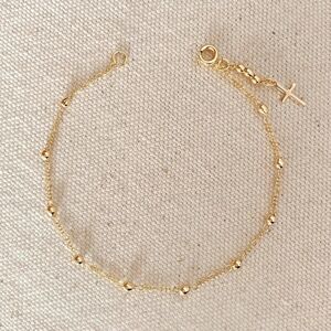 18 Karat Gold Filled Delicate Gold Beaded Bracelet with Cross Charm